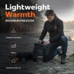 Lifestyle image of a heated hoodie worn by a man camping on a cold morning, lightweight black design for outdoor activities, work, and daily use.
