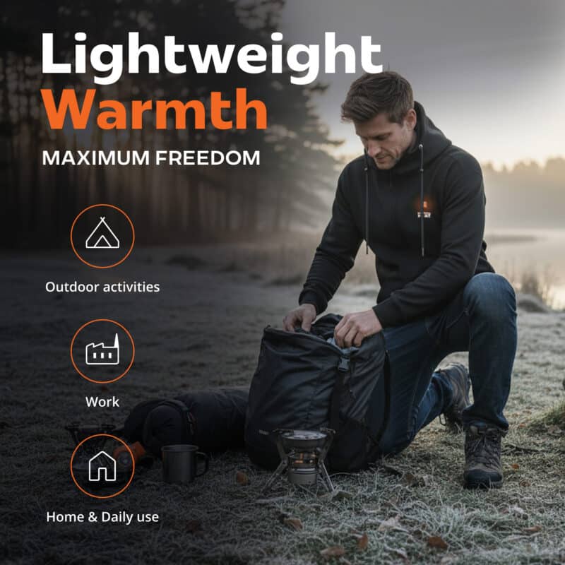 Lifestyle image of a heated hoodie worn by a man camping on a cold morning, lightweight black design for outdoor activities, work, and daily use.