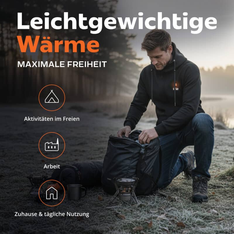 Lifestylefoto einer leichten beheizten Magnetar Hoodie bei Outdoor Nutzung, ideal für Arbeit, Freizeit und täglichen Einsatz im Freien