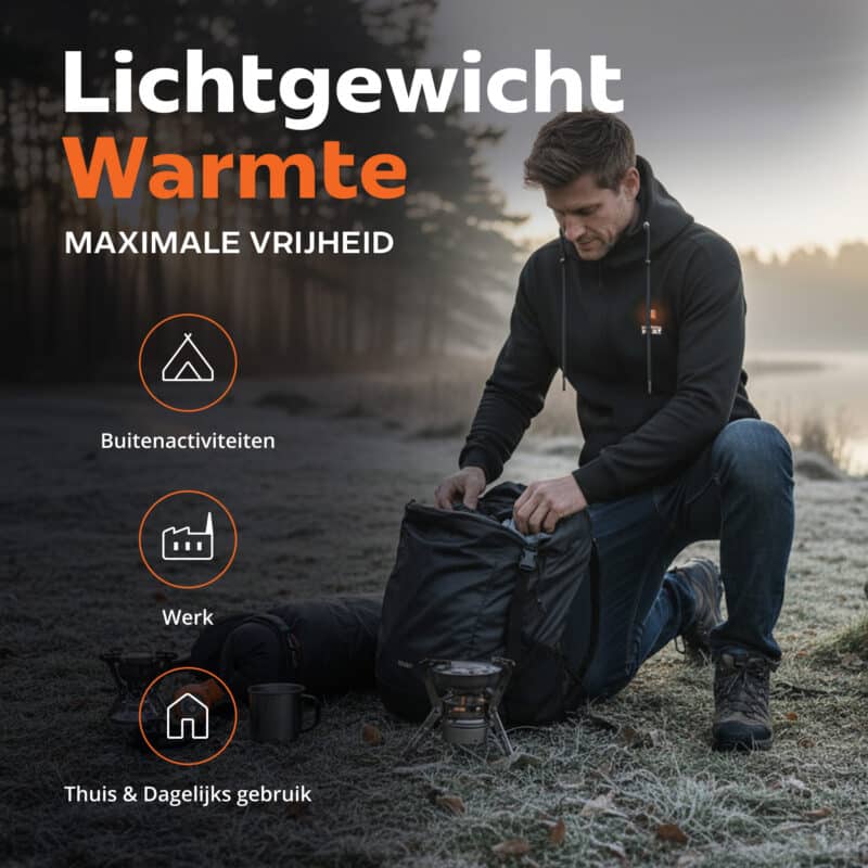 Lifestyle afbeelding van een man met een zwarte verwarmde hoodie tijdens het kamperen, geschikt voor werk en dagelijks gebruik.