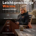 Lifestylebild einer leichten beheizten Magnetar Hoodie für Damen beim Entspannen im Freien, ideal für Arbeit, Outdoor und Alltag