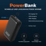 USP Grafik einer Magnetar Powerbank 13.000 mAh mit 7,4V Ausgang, USB A und USB C, LED Akkustandsanzeige für beheizte Kleidung