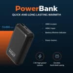 Magnetar heated vest power bank with 13000 mAh capacity, USB A output, USB C input, battery indicator, and durable hard shell design
