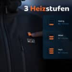 Detailfoto der LED Heiztaste an beheizter Magnetar Jacke mit drei Heizstufen niedrig mittel hoch für 10 6 oder 4 Stunden Wärme