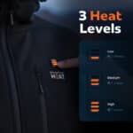 Infographic showing Magnetar heated jacket control button with three heat levels, low medium and high, with battery life per setting.
