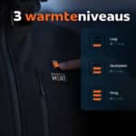 Detailafbeelding van Magnetar verwarmde jas met warmteknop en indicator, toont drie warmteniveaus voor instelbare warmte en accuduur.