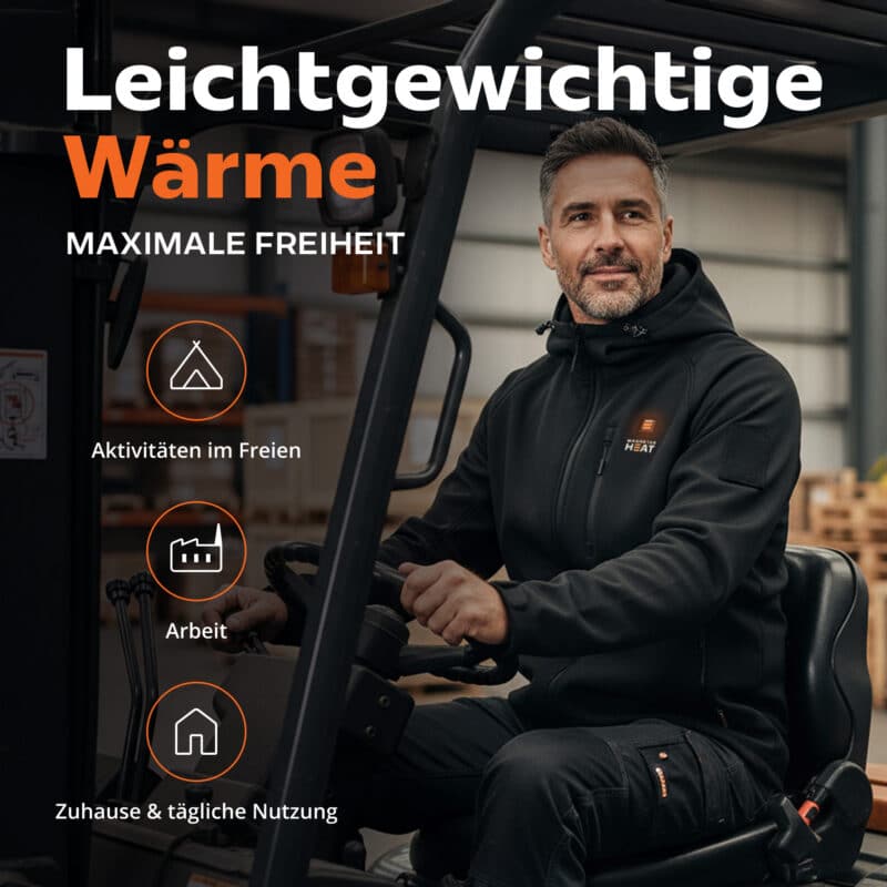 Lifestylebild einer leichten beheizten Magnetar Jacke bei der Arbeit auf einem Gabelstapler, geeignet für Lager, Outdoor Einsätze und täglichen Gebrauch