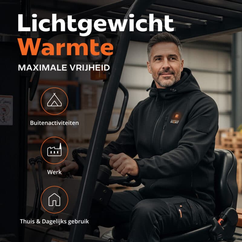 Lifestyle afbeelding van Magnetar verwarmde hoodie voor werk en buiten, lichtgewicht softshell met warmtefunctie, gedragen op heftruck.
