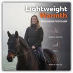 Lifestyle image of a heated riding jacket worn by a woman horseback riding on a cold morning, lightweight design for outdoor, work, and daily use.