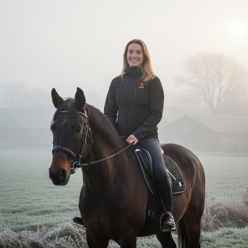 Heated riding jacket worn by a woman horseback riding on a cold morning, black softshell design with built-in heating for outdoor use.
