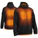 Heated softshell jacket product image showing front and back with integrated chest and back heating zones and hood for cold work and outdoor use