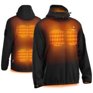 Heated softshell jacket product image showing front and back with integrated chest and back heating zones and hood for cold work and outdoor use