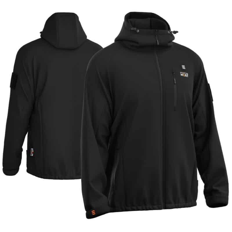 Front and back view of Magnetar heated softshell jacket with hood, black design, zip closure, and insulated lining for outdoor and work use