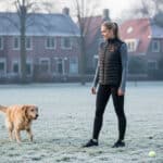Heated vest worn by a woman walking her dog on a frosty morning, black padded design with built-in heating for outdoor use.