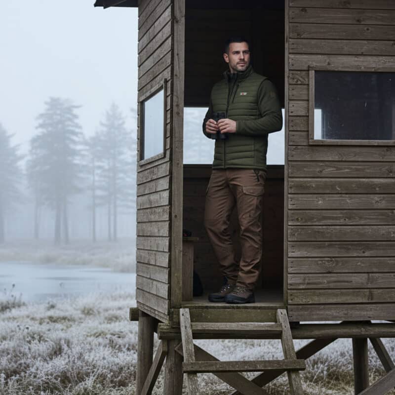 Heated outdoor vest worn by a man standing in a wooden hunting cabin, insulated padded design for cold weather and outdoor use.