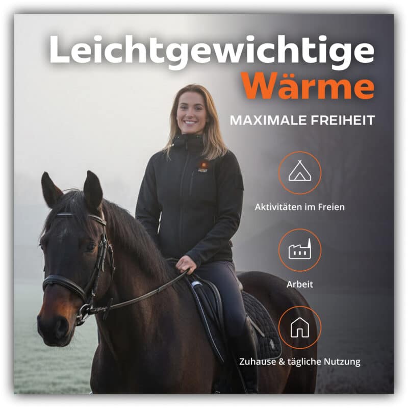 Lifestylebild einer leichten beheizten Magnetar Jacke für Damen beim Reiten, ideal für Outdoor Aktivitäten, Arbeit und tägliche Nutzung