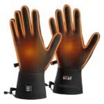 Front and back product photo of black Magnetar heated gloves showing active heating in fingers and palms for cold outdoor use