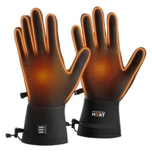 Front and back product photo of black Magnetar heated gloves showing active heating in fingers and palms for cold outdoor use