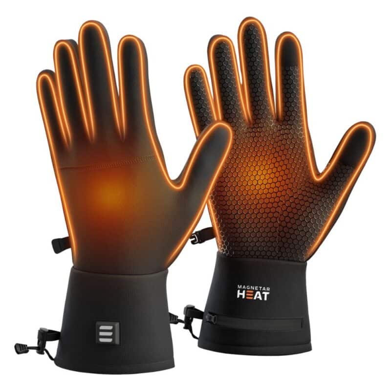 Front and back product photo of black Magnetar heated gloves showing active heating in fingers and palms for cold outdoor use