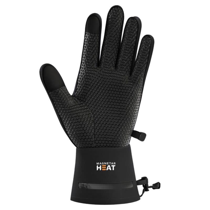Front view product photo of black Magnetar heated glove with grip pattern palm, adjustable cuff, designed for outdoor work and cold weather use