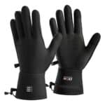 Front and back product photo of black Magnetar heated gloves with grip pattern palms, touch friendly fingers and adjustable cuffs for cold outdoor use