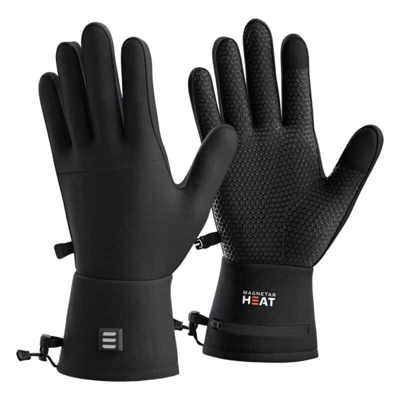 Front and back product photo of black Magnetar heated gloves with grip pattern palms, touch friendly fingers and adjustable cuffs for cold outdoor use