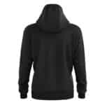 Back view product photo of black heated hoodie with hood and long sleeves, clean design for outdoor work and everyday cold weather use