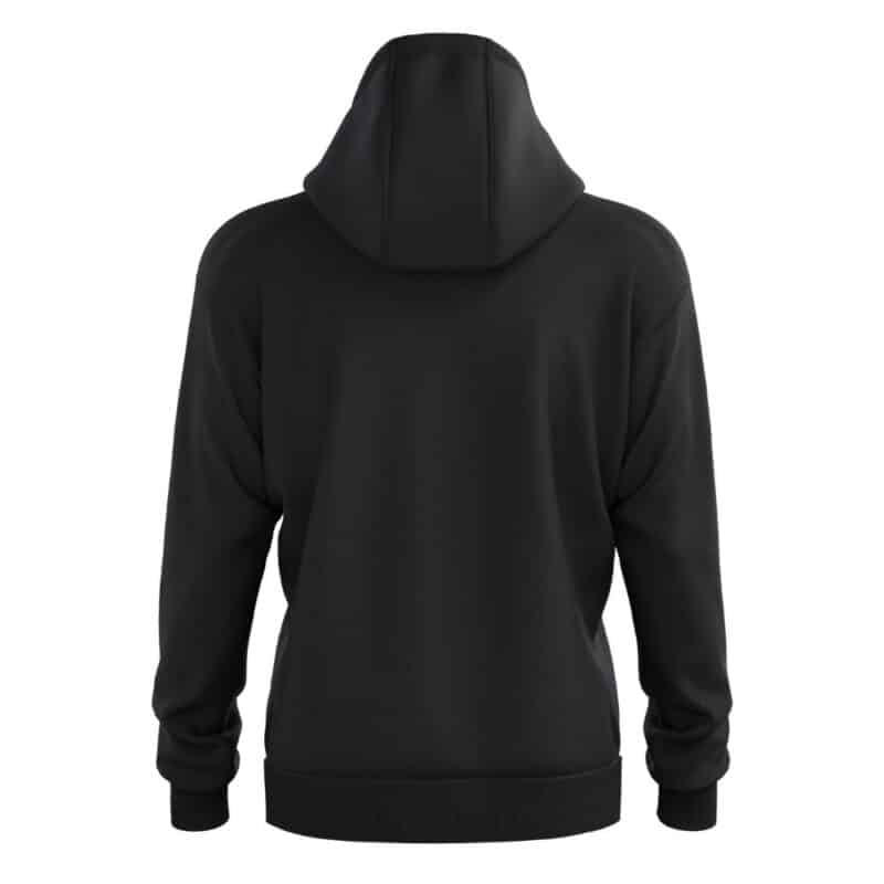 Back view product photo of black heated hoodie with hood and long sleeves, clean design for outdoor work and everyday cold weather use