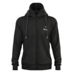 Front view product photo of black heated hoodie with zipper, drawstring hood and chest logo, suitable for outdoor work and cold conditions