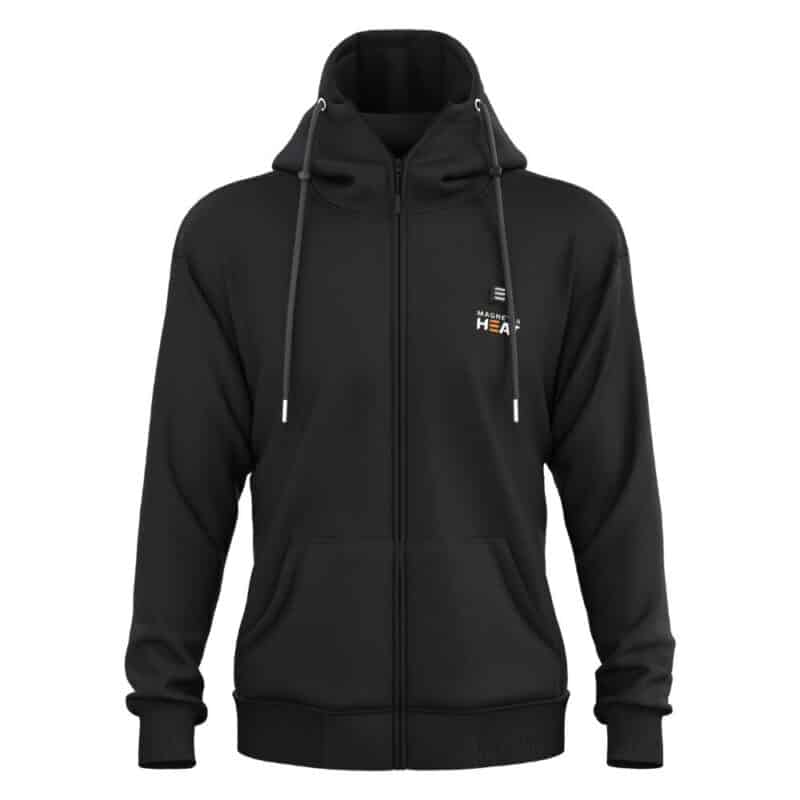 Front view product photo of black heated hoodie with zipper, drawstring hood and chest logo, suitable for outdoor work and cold conditions