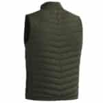 Product photo showing the back of a green Magnetar heated vest with quilted padding and stand-up collar, lightweight design for outdoor and work use