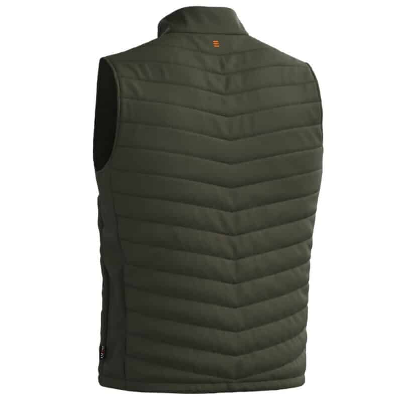 Product photo showing the back of a green Magnetar heated vest with quilted padding and stand-up collar, lightweight design for outdoor and work use