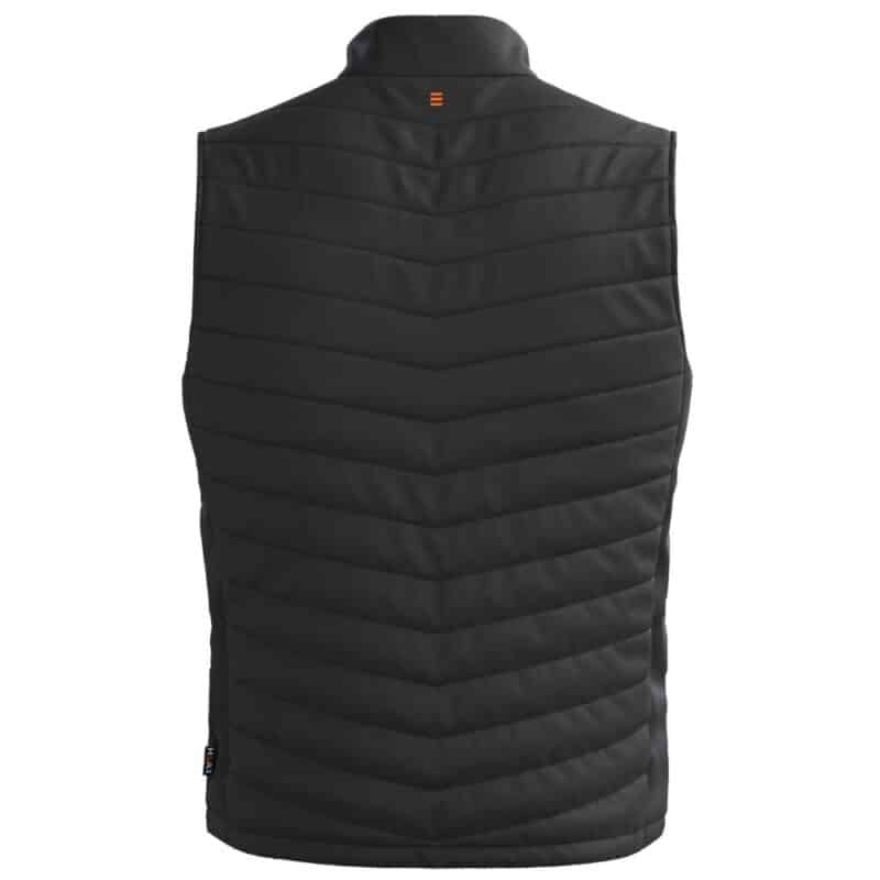Back view product photo of a black Magnetar heated vest with quilted padding and stand-up collar for cold outdoor and work use