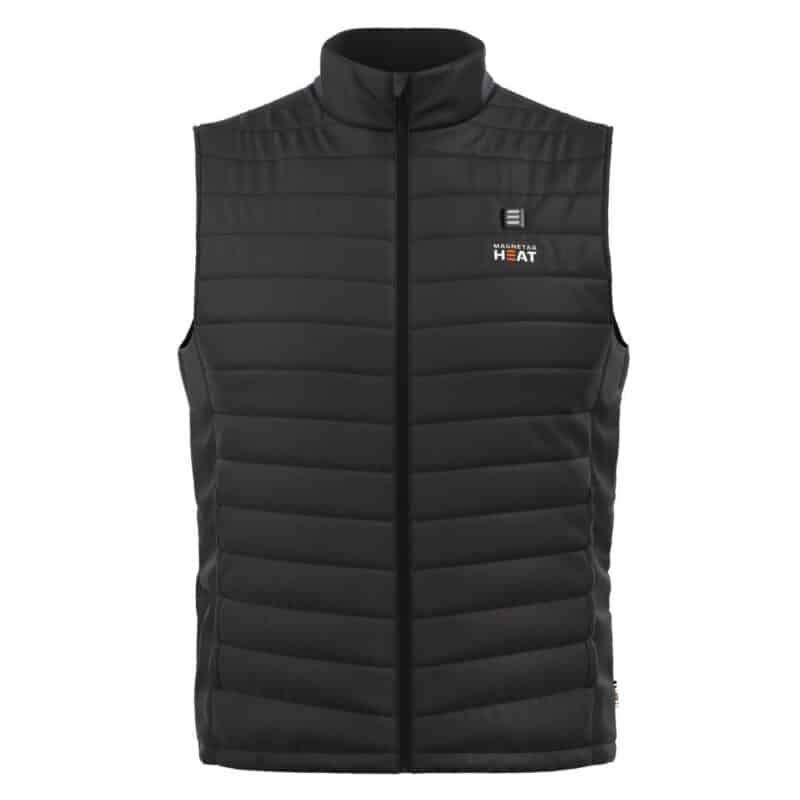 Product photo of a black Magnetar heated vest with quilted padding, full zipper and stand-up collar for outdoor and work use in cold weather