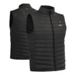 Product photo showing front and back of a black Magnetar heated vest with quilted padding, full zipper and stand-up collar for cold outdoor and work use