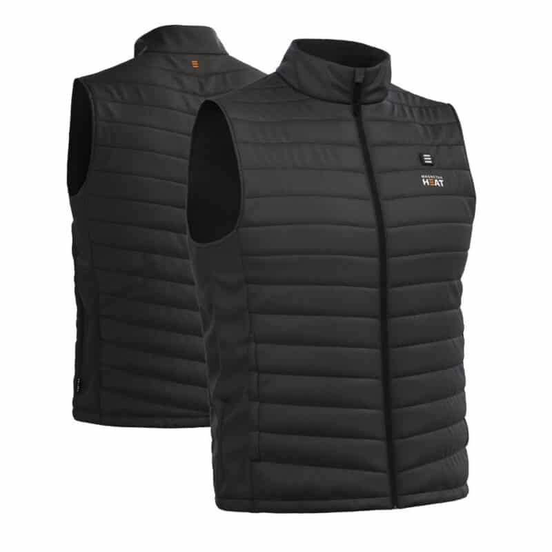 Product photo showing front and back of a black Magnetar heated vest with quilted padding, full zipper and stand-up collar for cold outdoor and work use