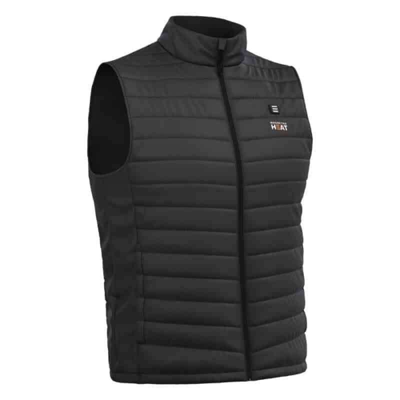 Zwart verwarmd vest met rits, opstaande kraag en doorgestikte isolatie, productfoto geschikt voor werk en outdoor gebruik