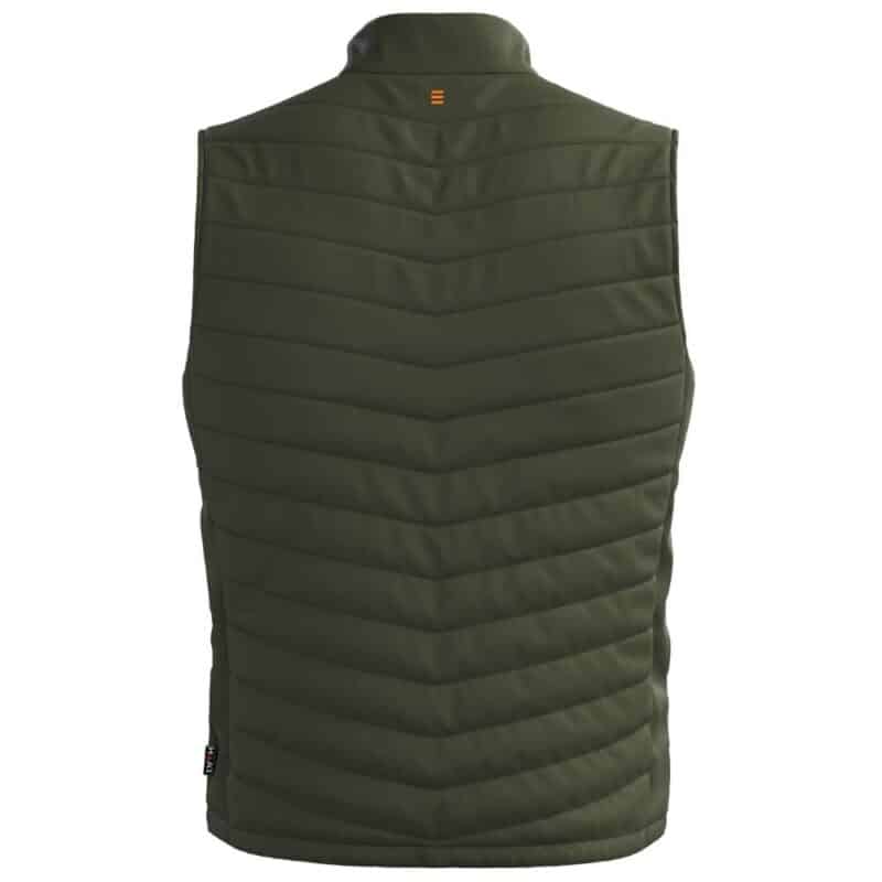 Product photo showing the back of a green Magnetar heated vest with quilted padding and stand-up collar for cold outdoor and work use