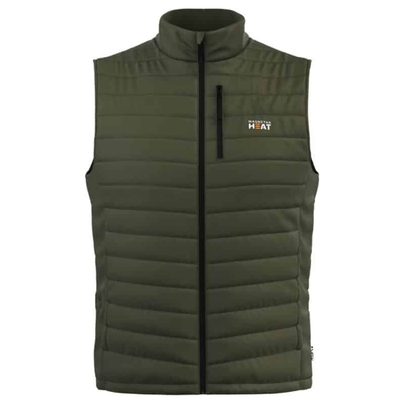 Product photo of a green Magnetar heated vest with quilted padding, full zipper and stand-up collar for outdoor and work use in cold weather