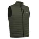 Product photo of a green Magnetar heated vest with quilted padding, full zipper and stand-up collar, angled view for outdoor and work use