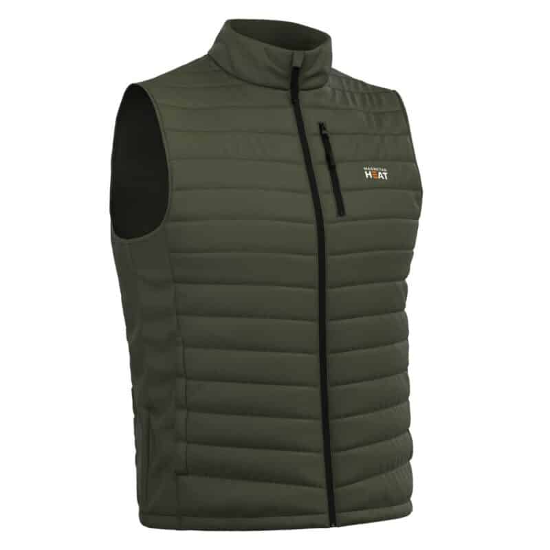 Product photo of a green Magnetar heated vest with quilted padding, full zipper and stand-up collar, angled view for outdoor and work use