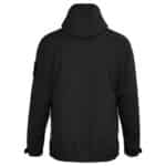 Product photo showing the back of a black Magnetar heated jacket with hood and smooth softshell finish for cold weather use