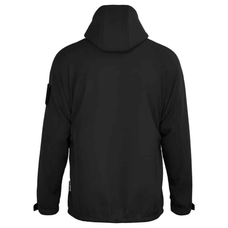 Product photo showing the back of a black Magnetar heated jacket with hood and smooth softshell finish for cold weather use