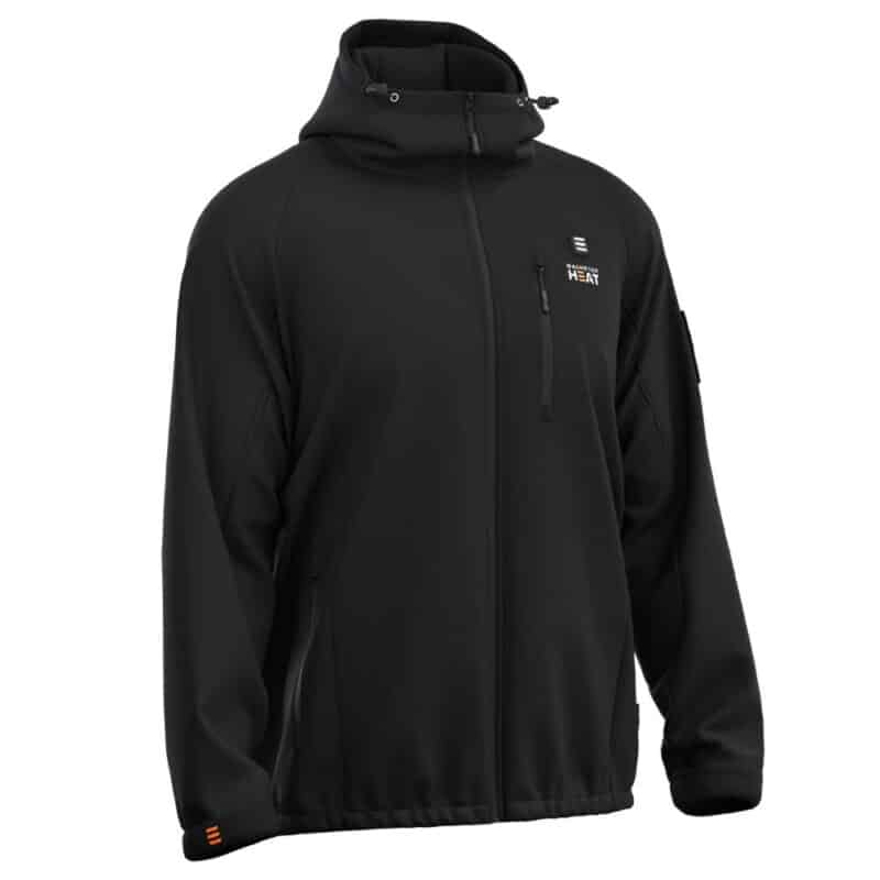 Product photo of a black Magnetar heated jacket with hood, full zipper and softshell fabric for cold outdoor work and daily use