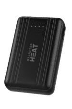 Angled product photo of black Magnetar Heat power bank with LED battery indicators, designed for heated clothing and outdoor use