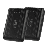 Product photo of two black Magnetar Heat power banks with LED battery indicators, compact design for powering heated clothing outdoors