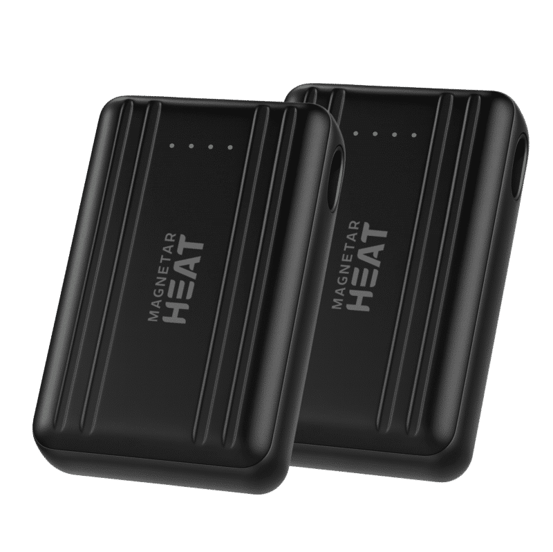 Product photo of two black Magnetar Heat power banks with LED battery indicators, compact design for powering heated clothing outdoors