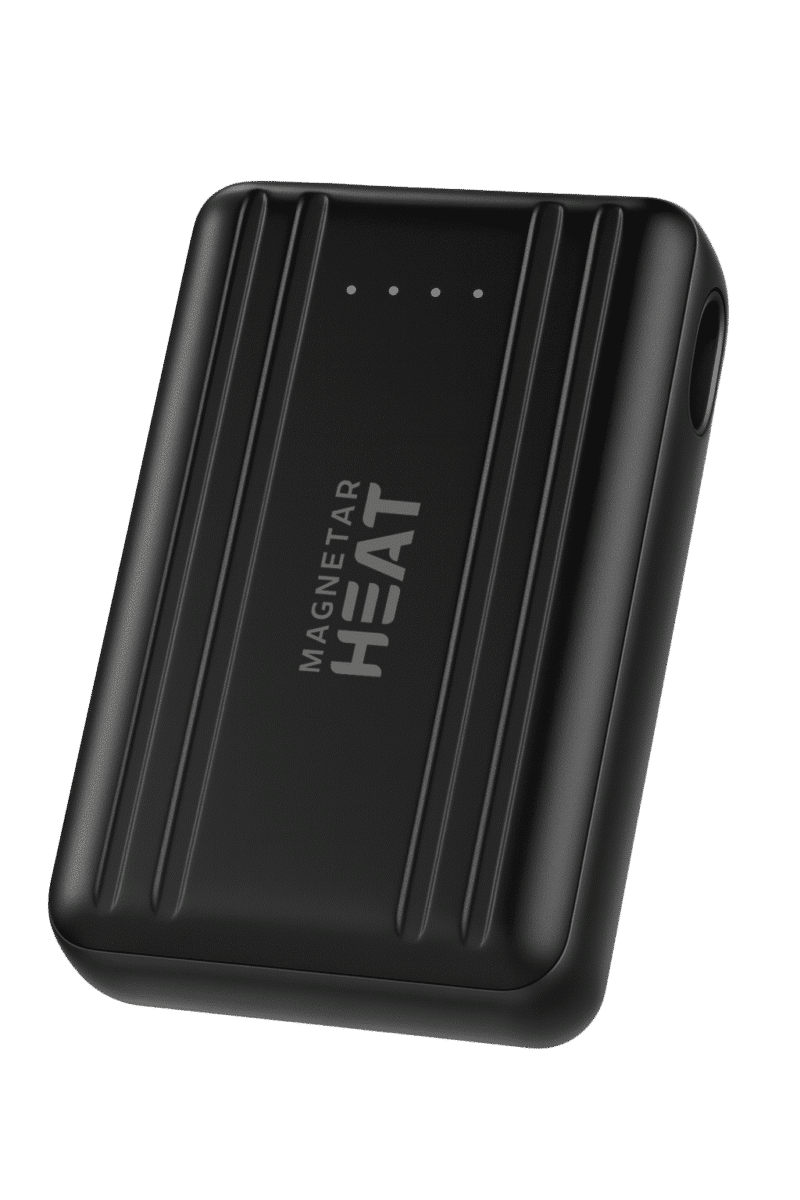 Angled product photo of black Magnetar Heat power bank with LED battery indicators, designed for heated clothing and outdoor use